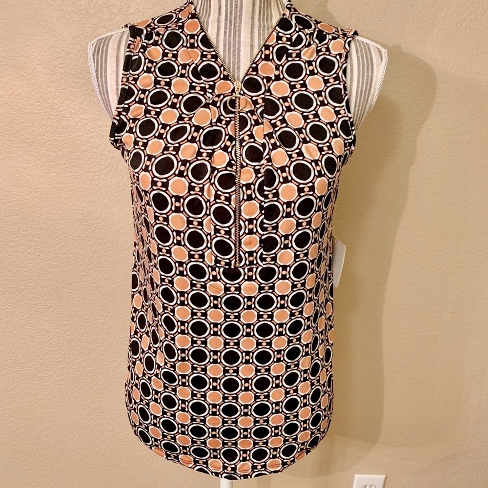 NWT Perseption Concept Top Small Retro Sleeveless Black Orange Tan Circles ZipUp